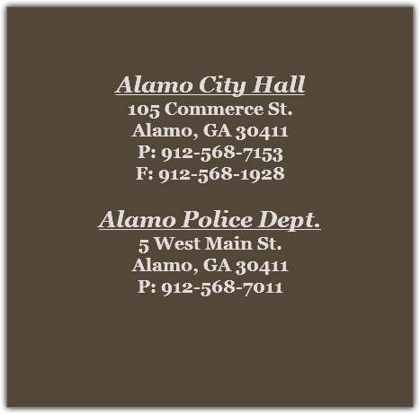 Alamo City Hall
105 Commerce St.
Alamo, GA 30411
P: 912-568-7153
F: 912-568-1928 Alamo Police Dept.
5 West Main St.
Alamo, GA 30411
P: 912-568-7011 